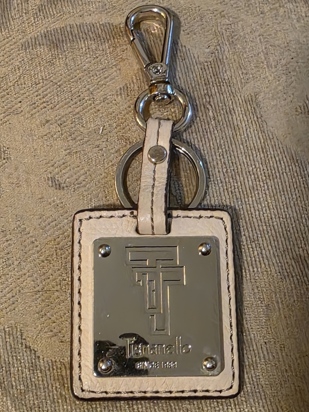 Tignanello Cream Leather Keychain with Silver-Tone Logo Plate